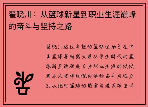 翟晓川：从篮球新星到职业生涯巅峰的奋斗与坚持之路